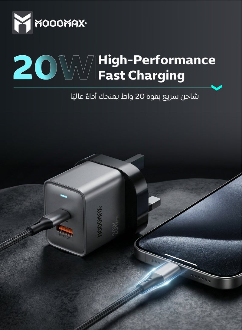 موجماكس شاحن جداري 20 واط. شاحن سريع وامان ضد الجهد الزائد. شاحن جداري بمنفذين شحن (تايب سي & يو اس بي). راس شاحن تايب سي يدعم الشحن السريع PD. فيش تايب سي و يو اس بي باللون الرمادي. شاحن ايفون، سامسونج، هواوي، وغيره من الأجهزة المدعومة. - Image 2